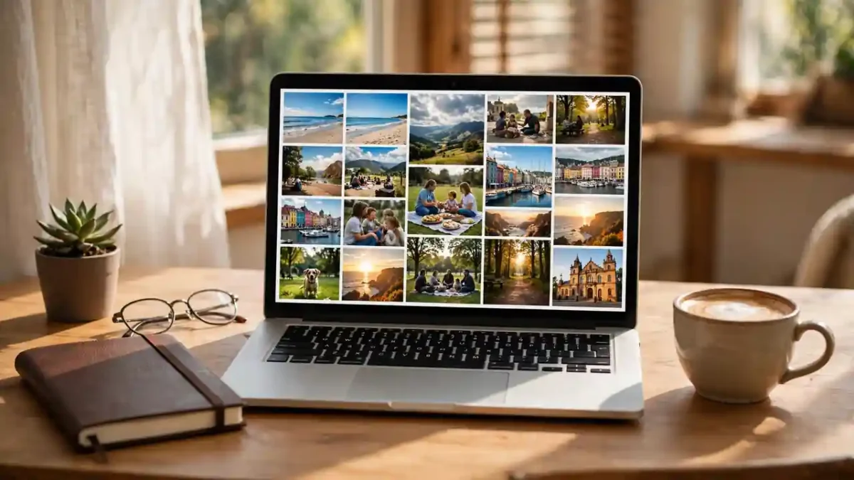 A tidy desk with a laptop showing a photo library grid of travel and family photos