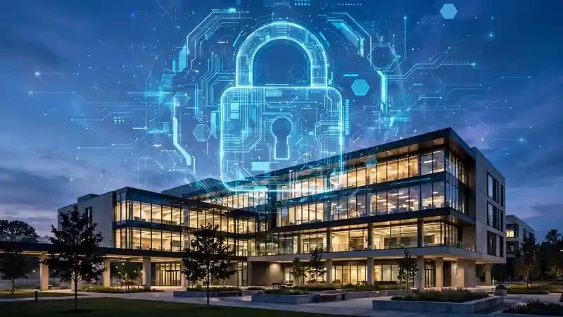University campus building with digital padlock overlay symbolizing ransomware attack