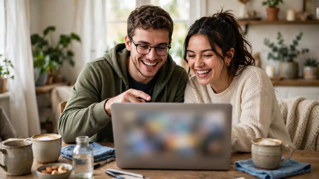 Two friends working together on code on a laptop, pointing at the screen and smiling