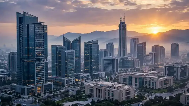 Islamabad financial district skyline at dusk with modern buildings