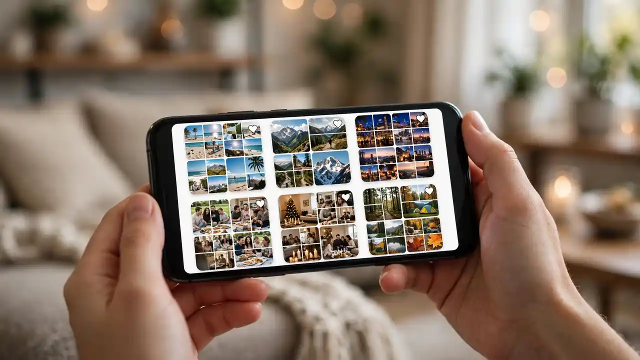 Hands holding a smartphone showing neatly organised photo albums of holidays and family moments