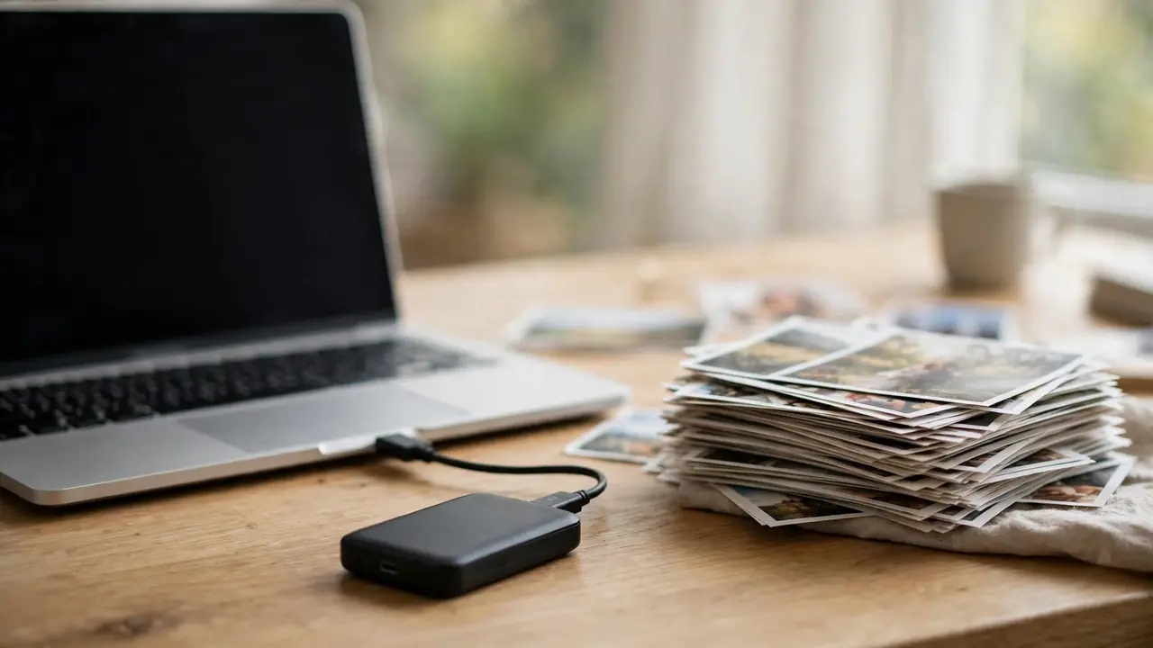 A small external hard drive connected by cable to a laptop beside printed photos