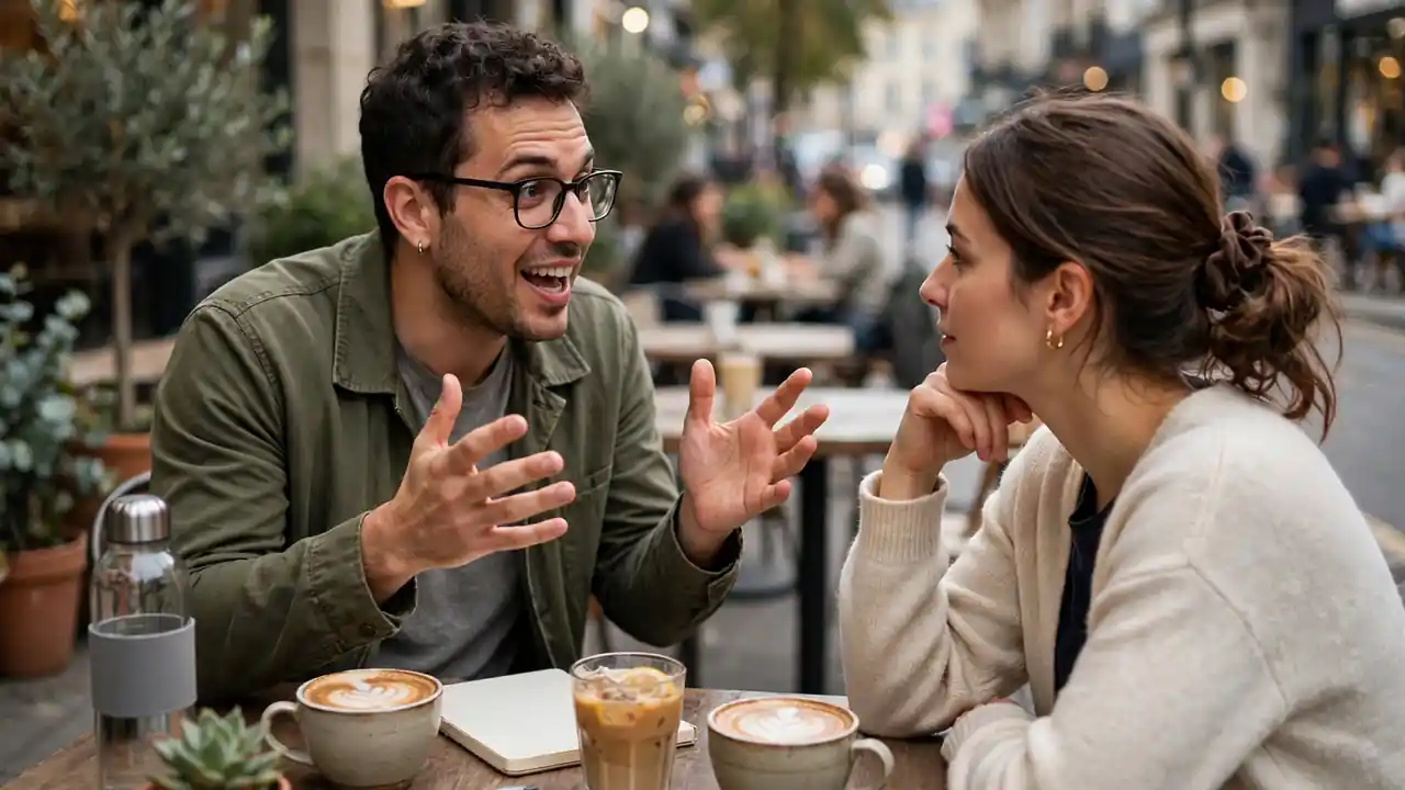 Two friends talking over coffee about an idea from a podcast