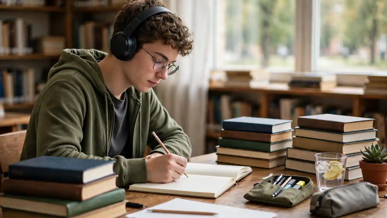 A student taking notes while listening with headphones at a desk