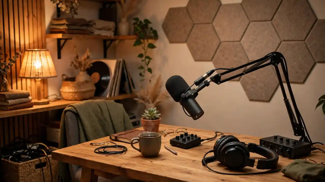 A home podcast studio with a microphone and headphones on a desk