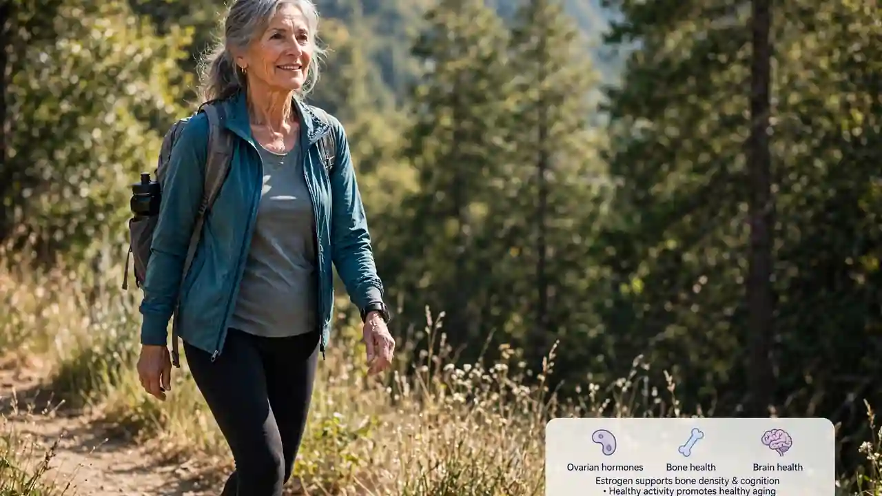 An active older woman walking outdoors in sunlight, symbolising how the postmenopausal ovary may influence bone and brain health.