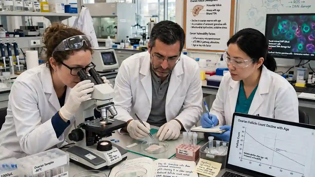 Researchers studying tissue samples in a laboratory to understand how postmenopausal ovarian remodelling links to cancer vulnerability.