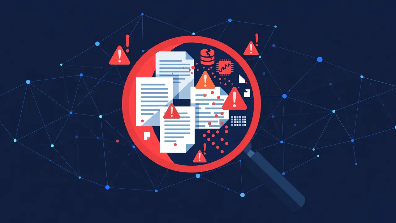 Illustration of a magnifying glass revealing exposed personal data over a digital network, representing data breach detection