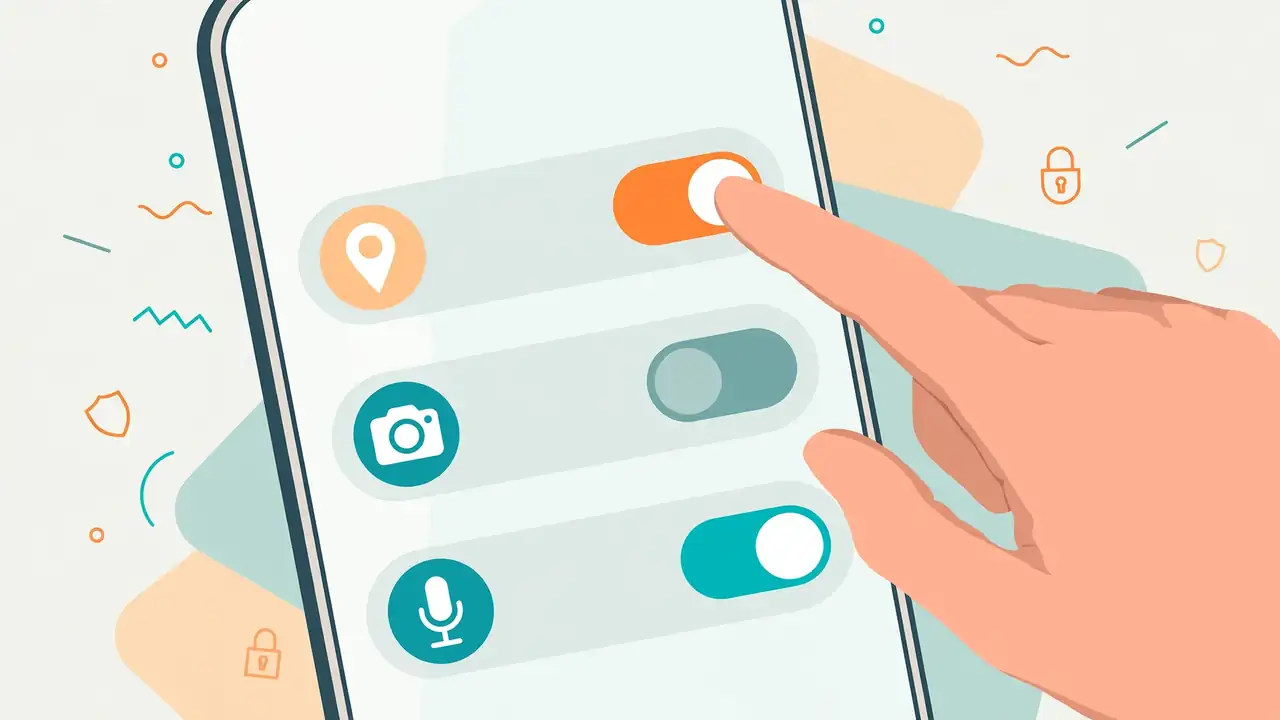 Hand adjusting privacy permission toggles for location, camera and microphone on a smartphone screen