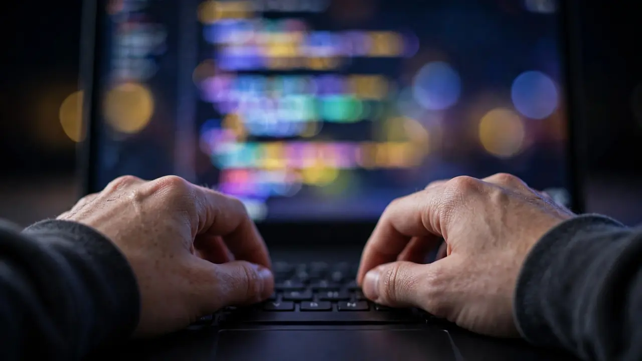 Close-up of hands typing Python code on a laptop keyboard with colourful code on screen