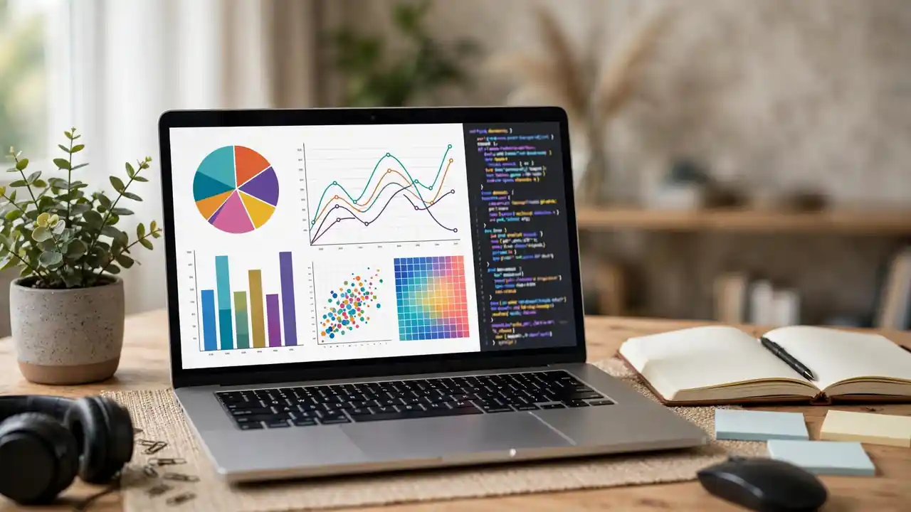 A laptop screen showing a colourful data chart and graphs next to programming code