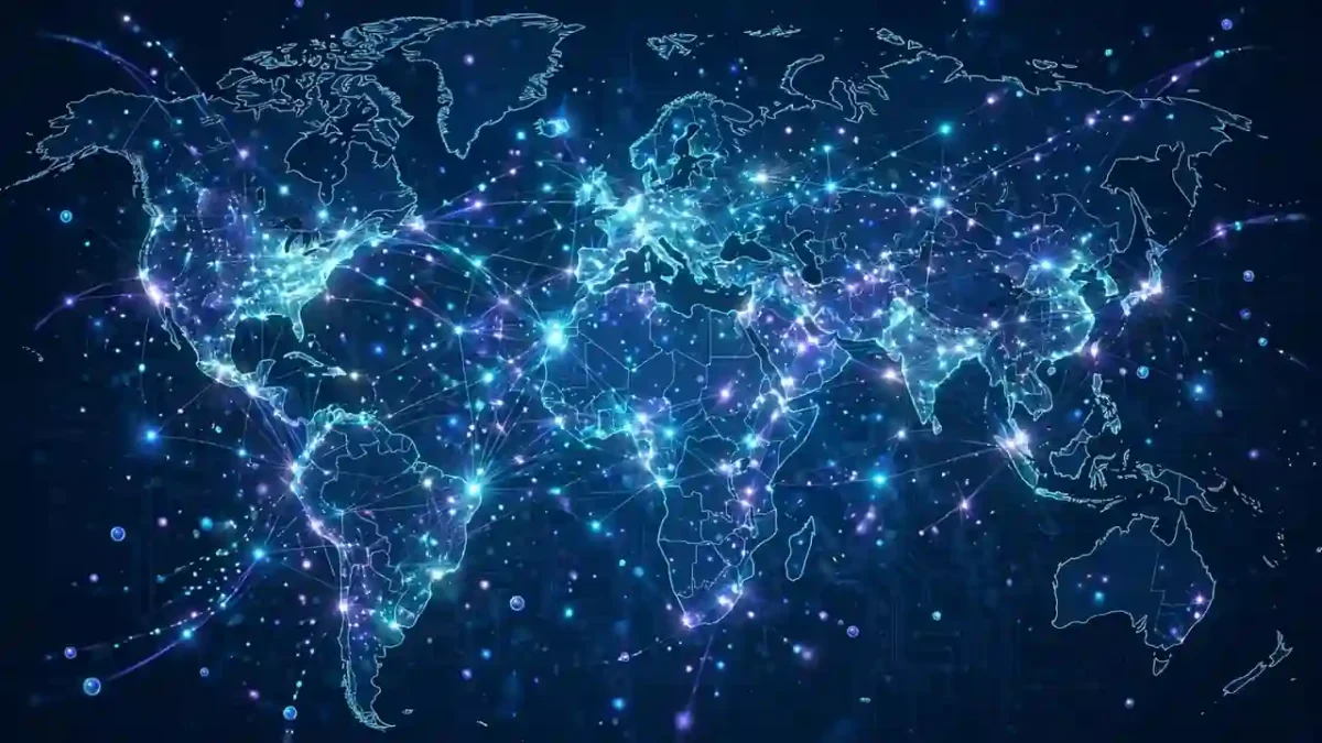 A glowing quantum network of connected nodes over a world map