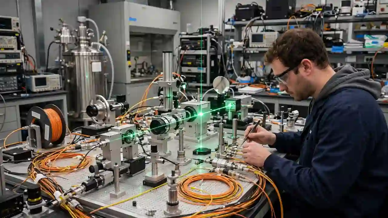 A quantum physics laboratory with laser equipment and optical fibre