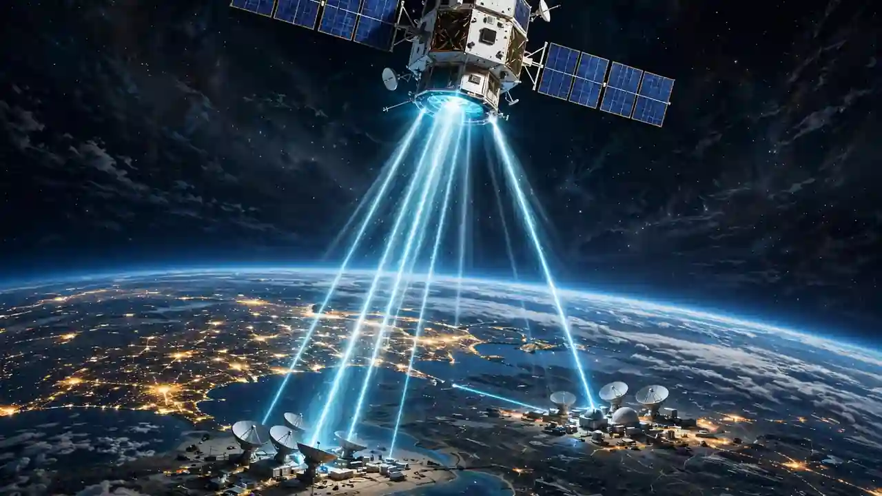 A satellite beaming light signals down to ground stations on Earth