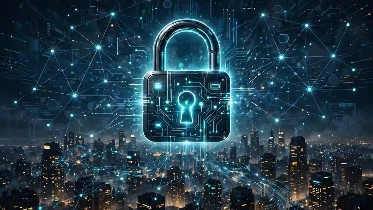 A glowing padlock with network connections over a city skyline at night