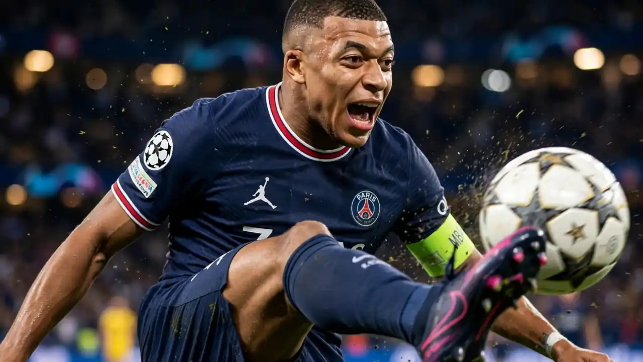 Kylian Mbappe striking a shot under Champions League floodlights on his 100th appearance, celebrating his 72nd goal in the competition.