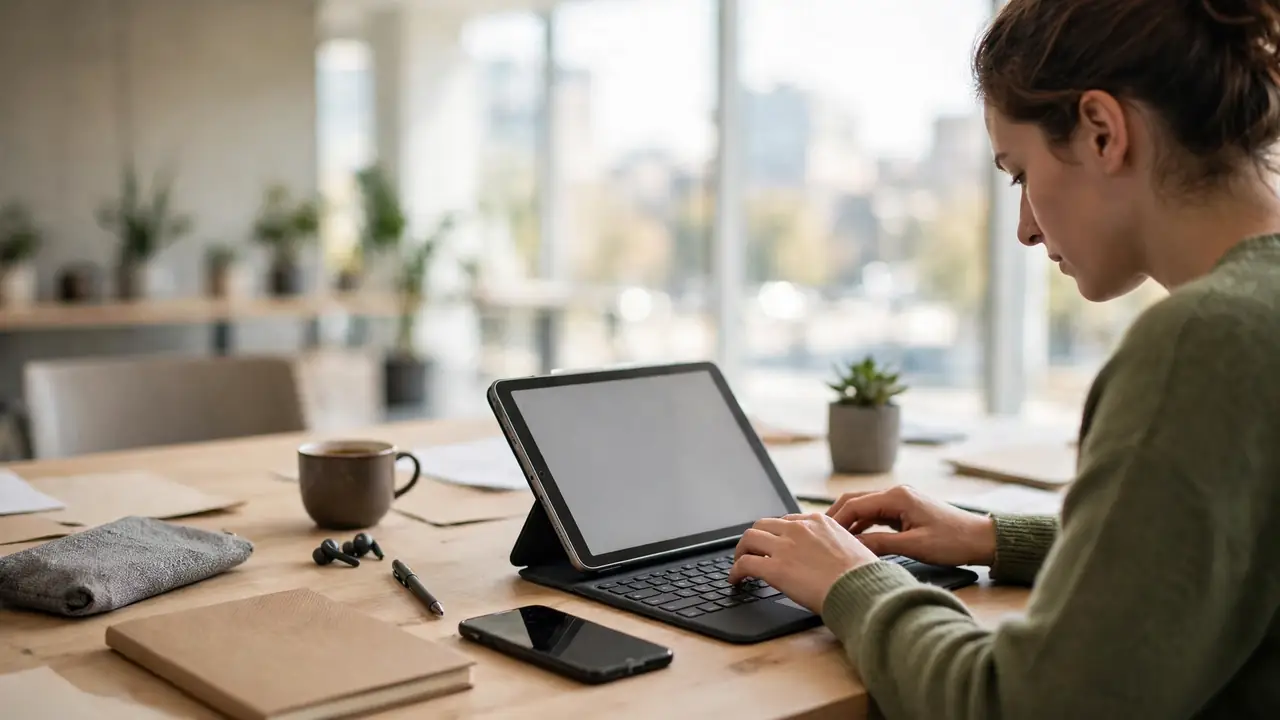 A tablet with a keyboard cover on a desk next to a phone and notebook