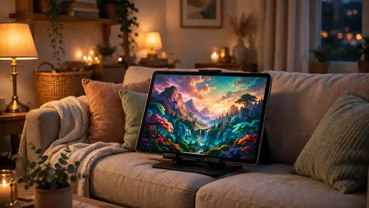 A tablet propped on a stand on a sofa showing a vivid colourful movie scene in a cosy evening living room