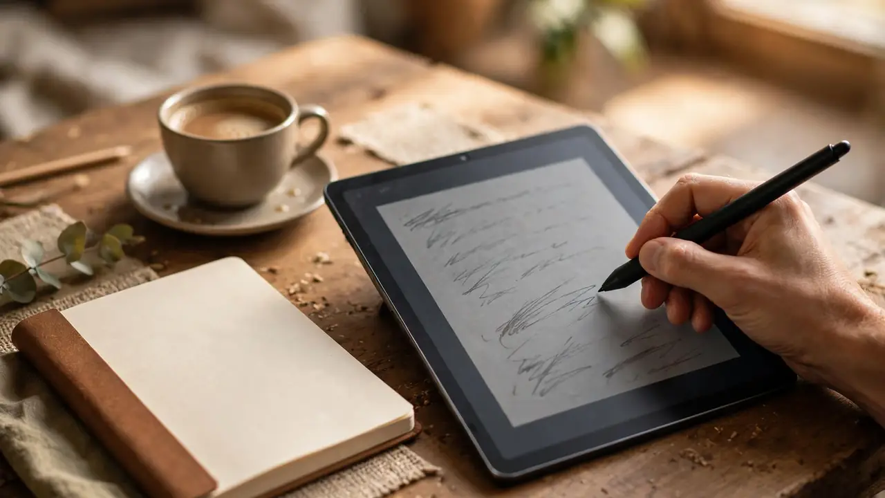 A hand writing handwritten notes with a stylus on a tablet screen, with a notebook and coffee on the desk