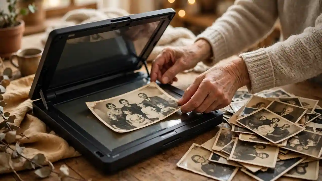Hands placing an old printed family photograph on a flatbed scanner beside vintage photos