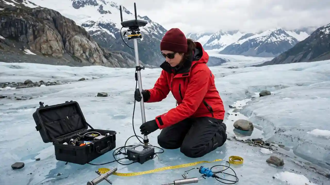 A scientist in a red jacket measuring a glacier with instruments on the ice, with mountains behind.
