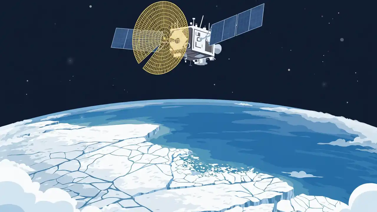 A radar satellite orbiting Earth above white ice sheets and blue ocean, seen from space.