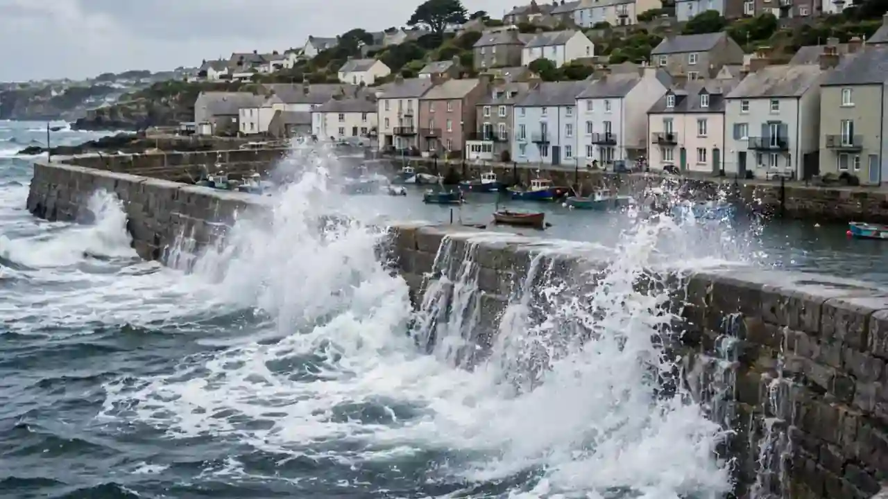 A coastal town by the sea with waves reaching a harbour wall at high tide.