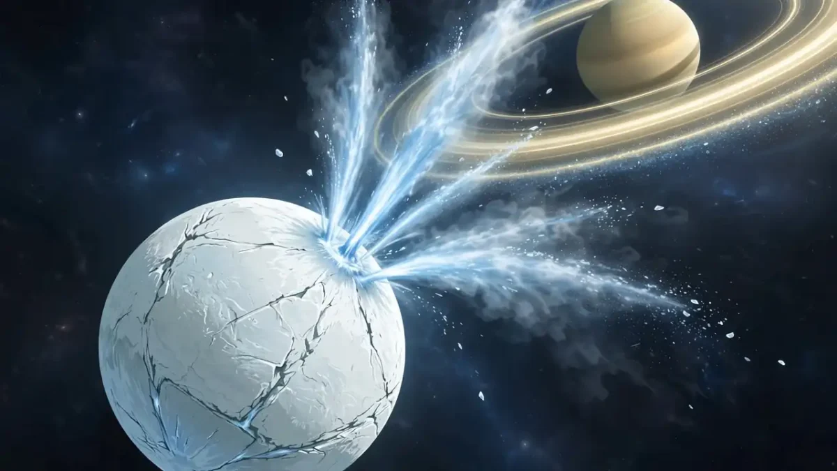 Saturn's icy moon Enceladus with bright water plumes spraying from its south pole, Saturn's rings glowing behind.
