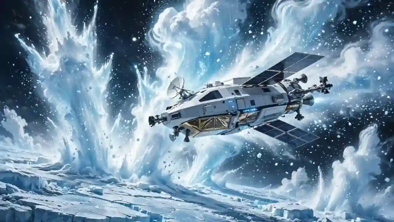 A spacecraft flying through bright icy plumes above a frozen moon surface.
