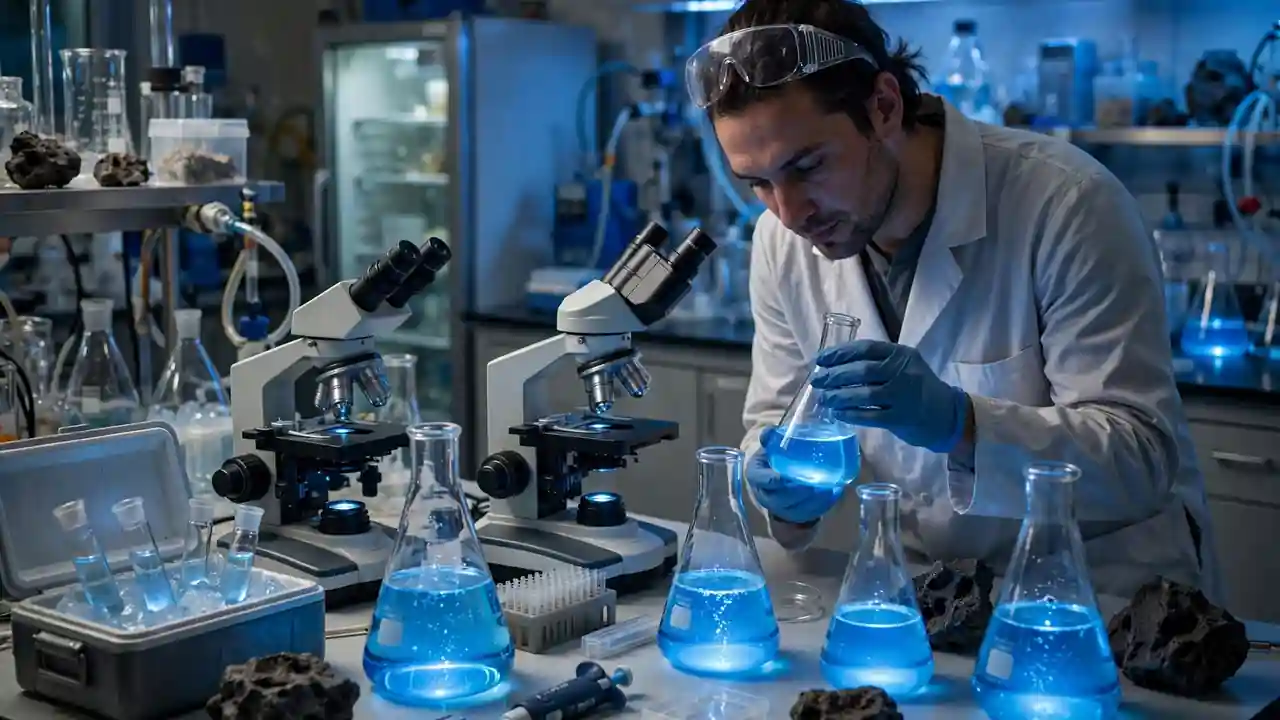 A scientist in a lab studying a glowing blue water sample in glass flasks.