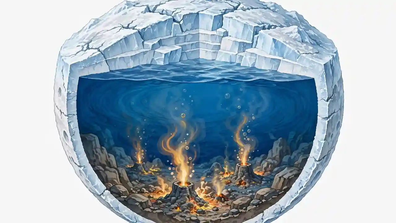 A cutaway view of an icy moon showing a frozen crust, a deep blue underground ocean, and a rocky seafloor with warm vents.