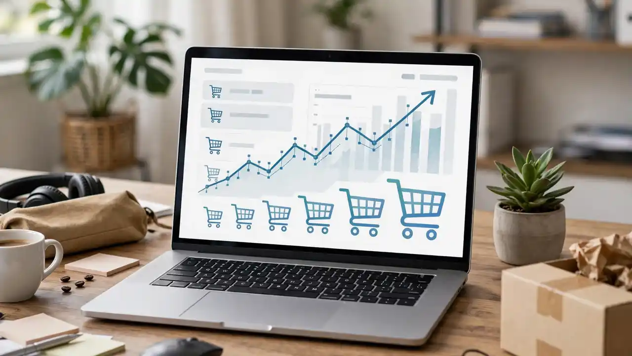 A busy online store dashboard on a laptop with a rising traffic graph.