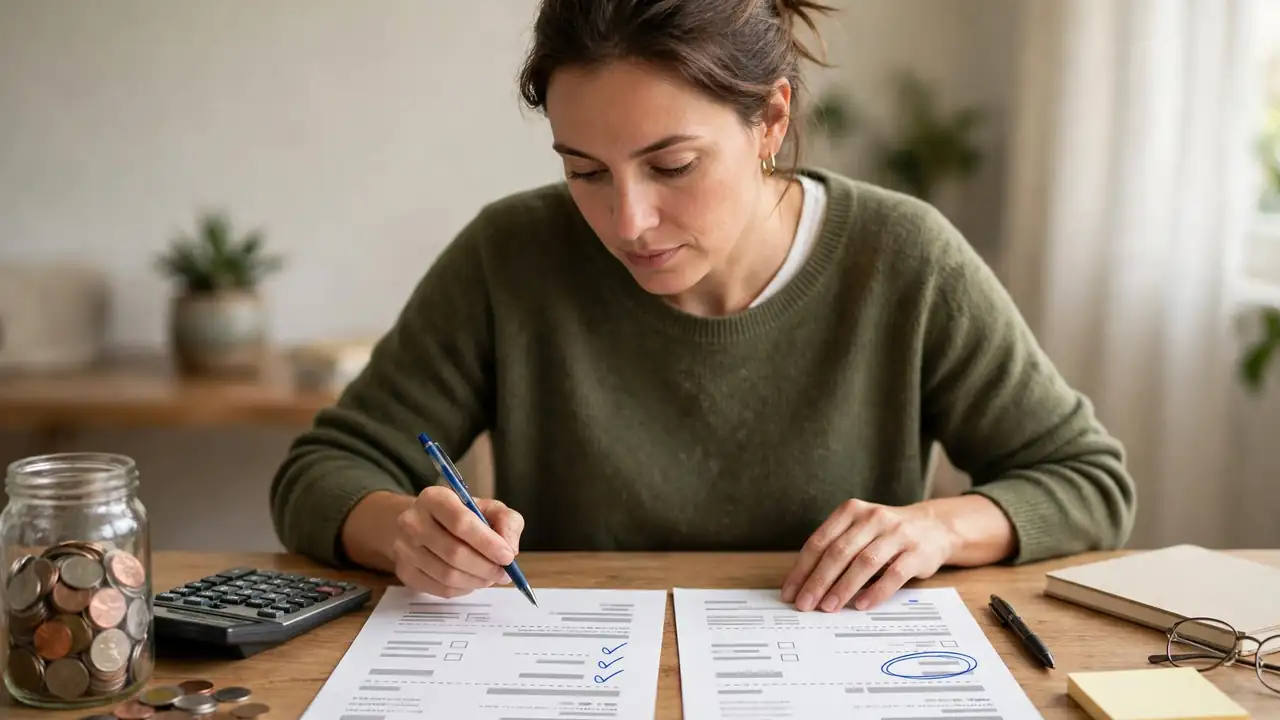 A person comparing two hosting bills at a desk with a calculator and a jar of coins.