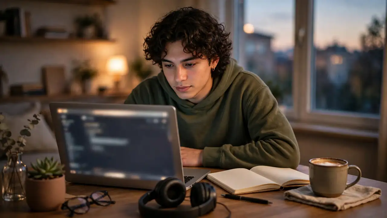 A person thinking through a coding problem at a desk with a laptop