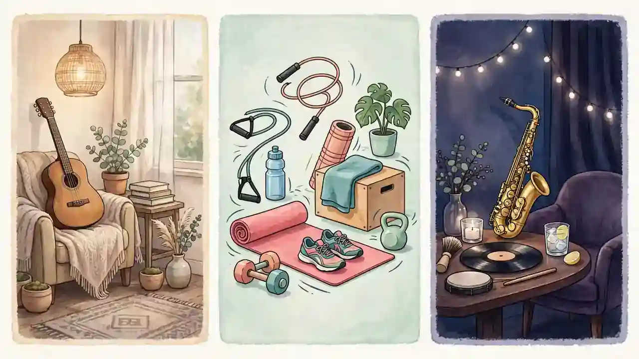 Three music mood panels side by side showing quiet acoustic, energetic workout, and late-night jazz listening