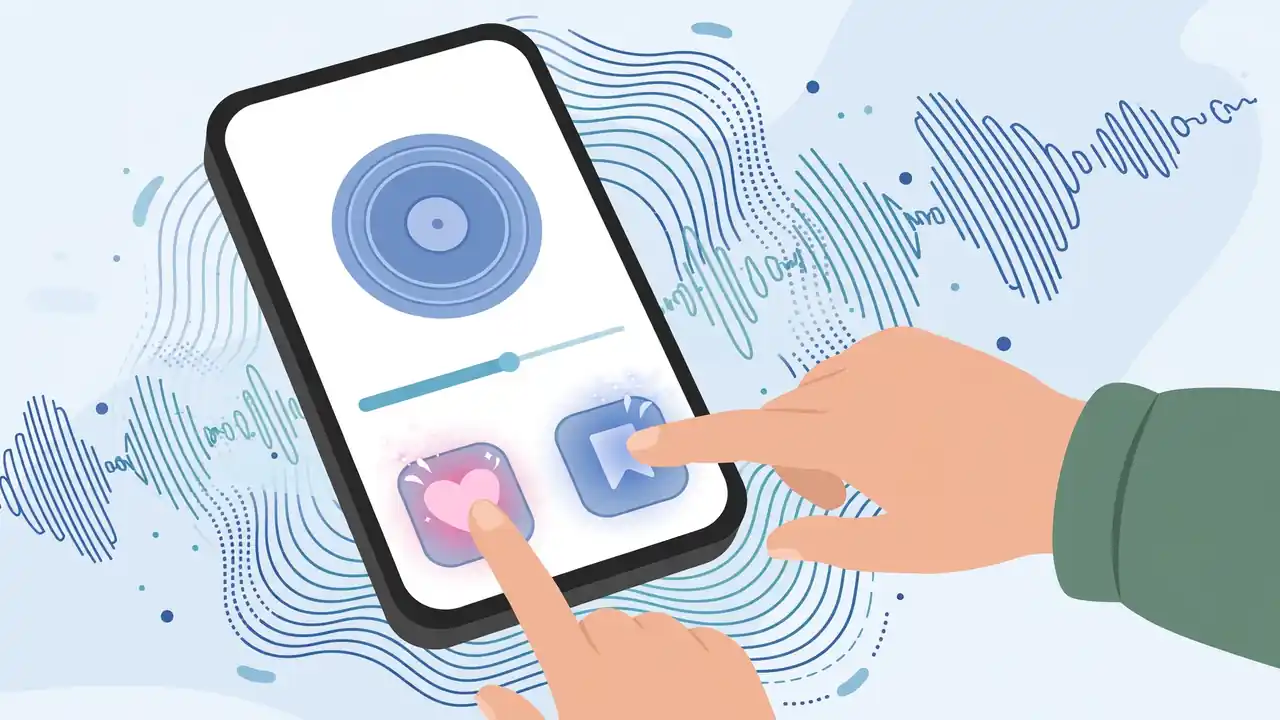 Hand tapping the heart and save button on a music player app on a phone