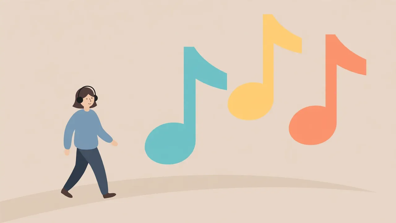 Person with headphones walking along a path discovering new music genres
