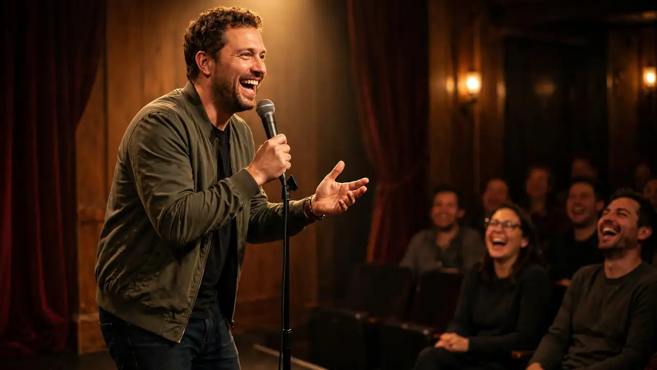 Stand-up comedian on stage with a microphone and spotlight making an audience laugh