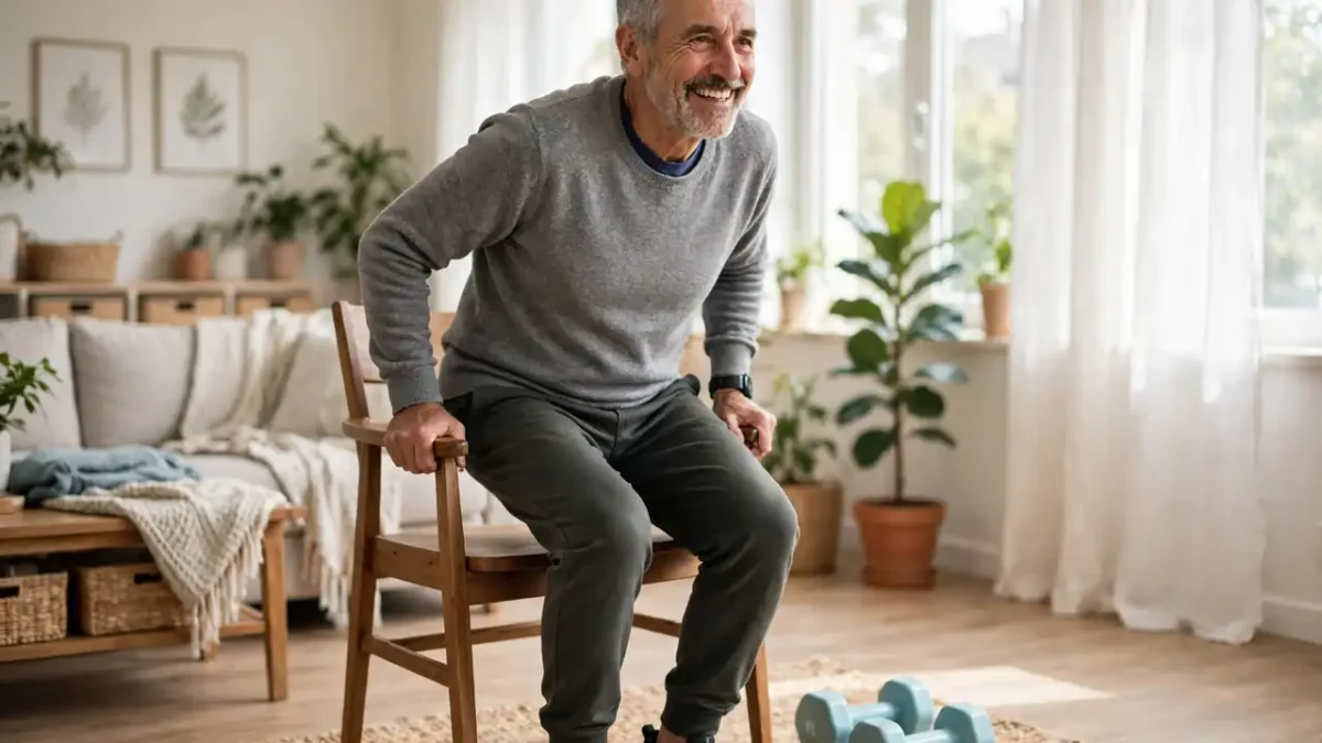 Older man doing a chair sit-to-stand exercise at home with light dumbbells nearby