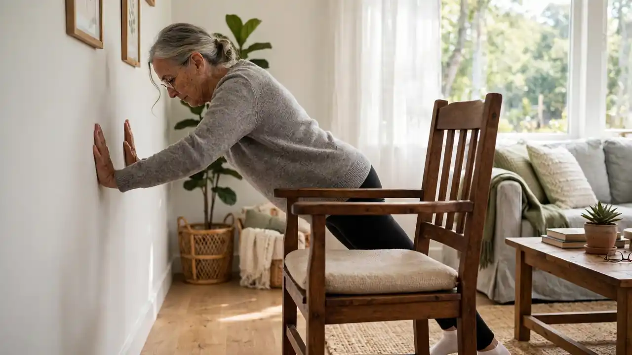Older woman doing wall push-ups at home beside a sturdy chair