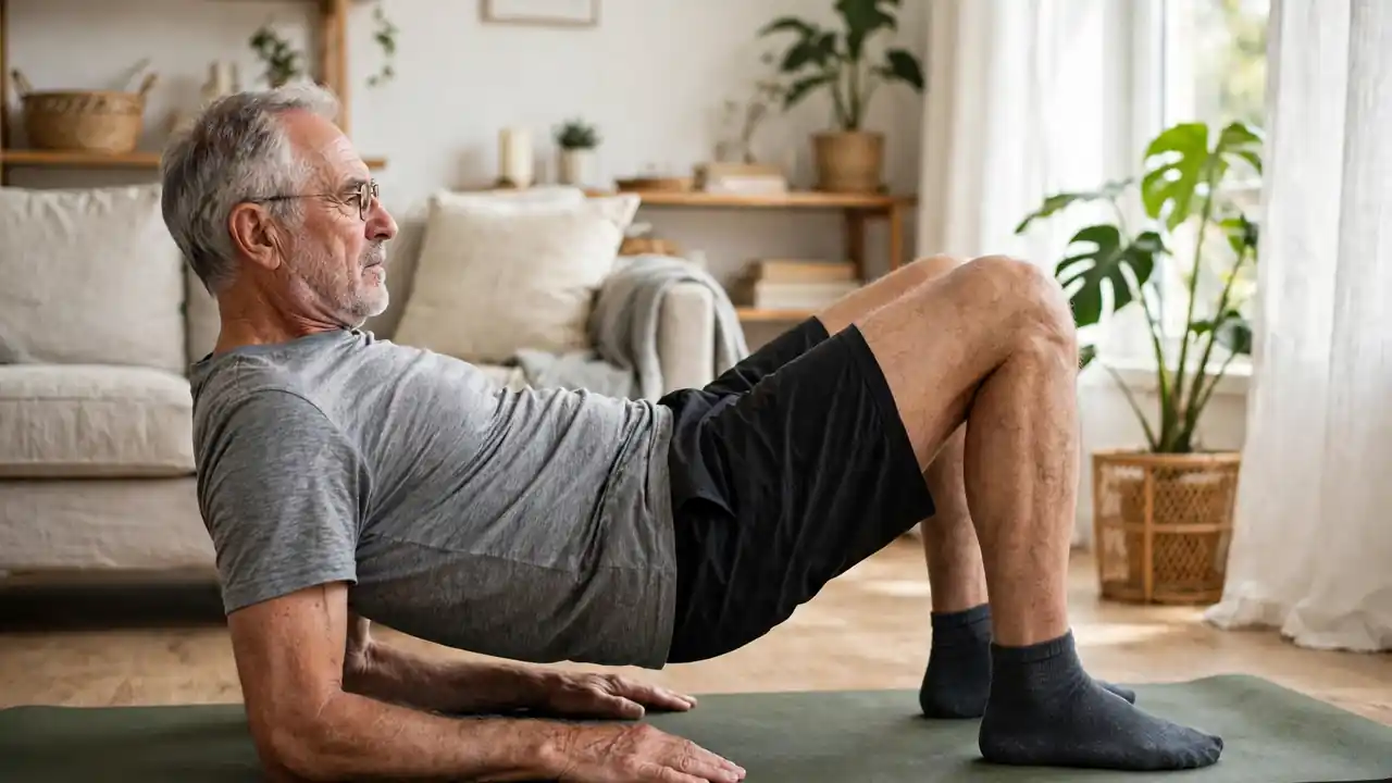 Older man doing a glute bridge exercise on a mat at home