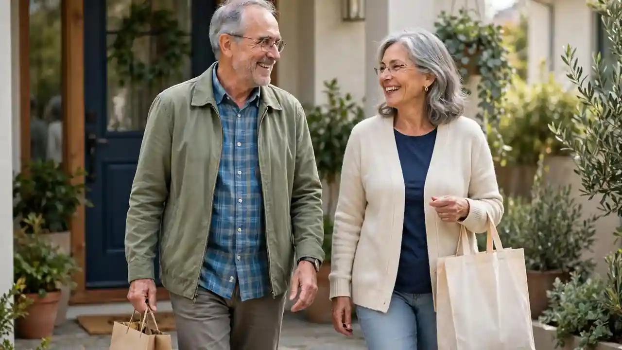 Older couple walking together carrying light shopping bags and smiling