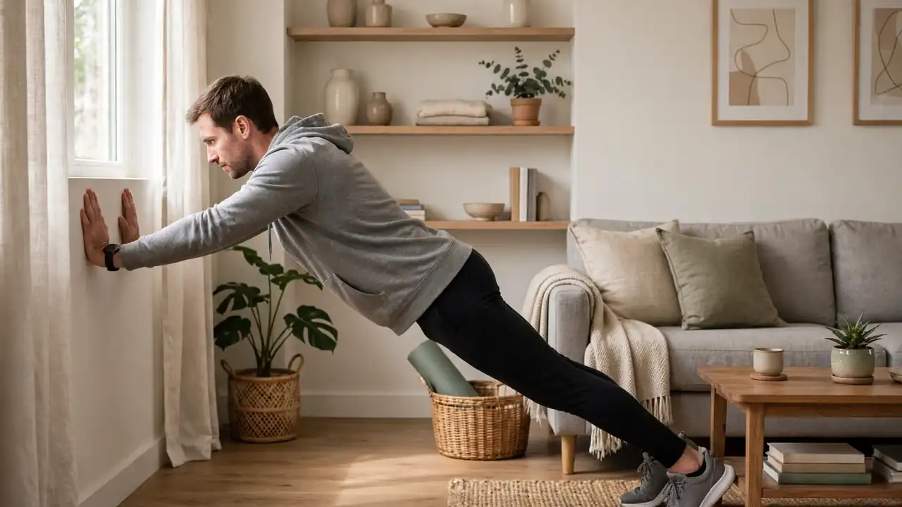 A person doing a wall push-up at home in a tidy living room.