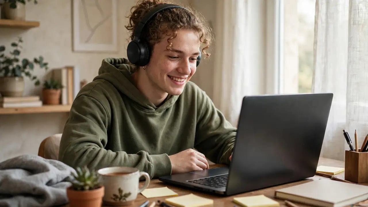 A student wearing headphones learning an online coding course on a laptop at home