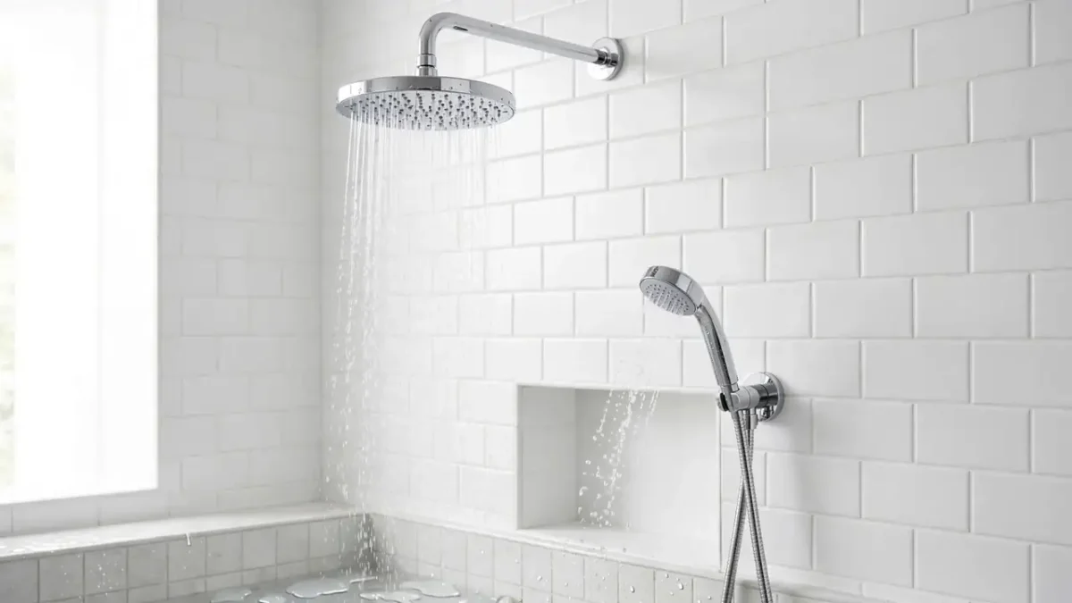 A modern chrome rainfall shower head with a handheld sprayer installed in a bright tiled bathroom