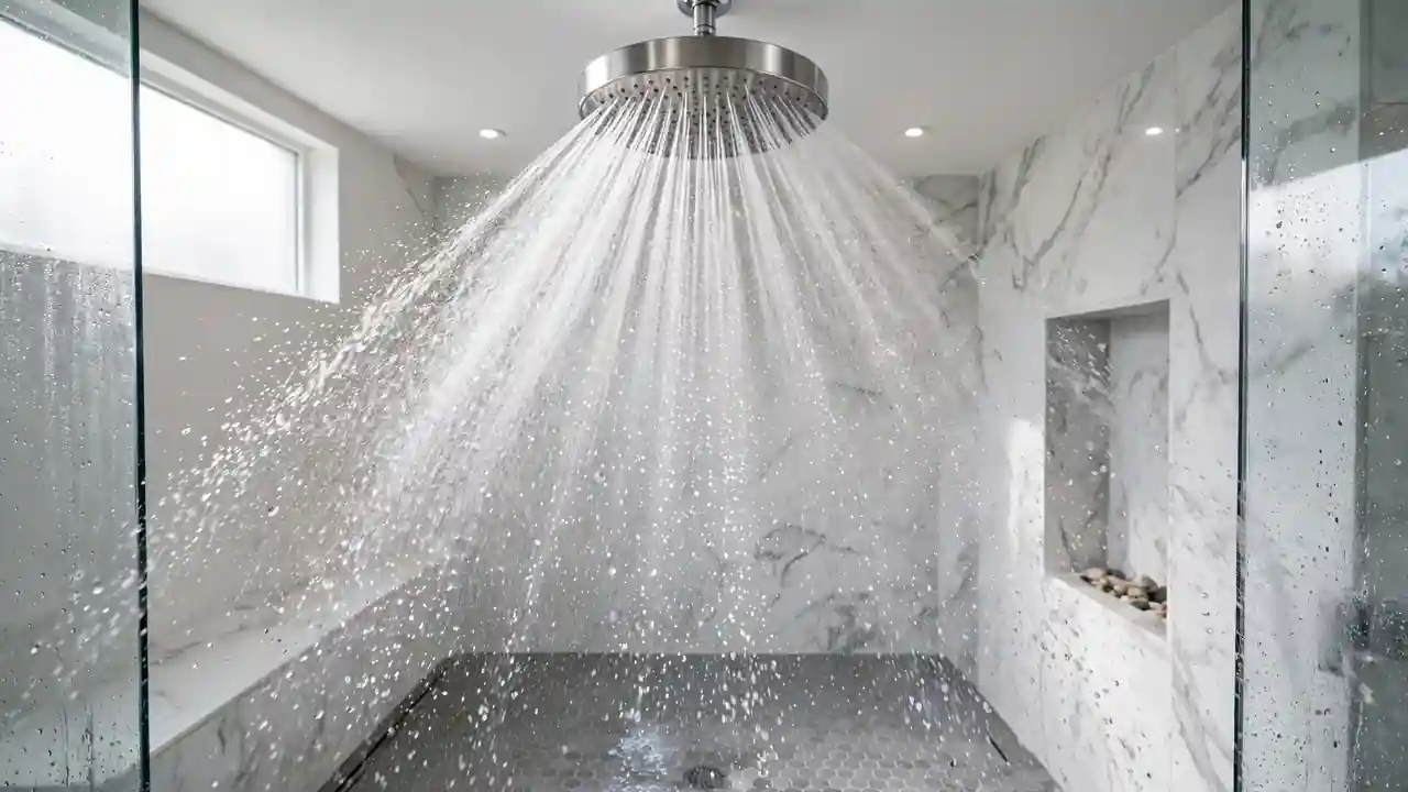 Water spraying in a strong wide pattern from a rainfall shower head during a shower