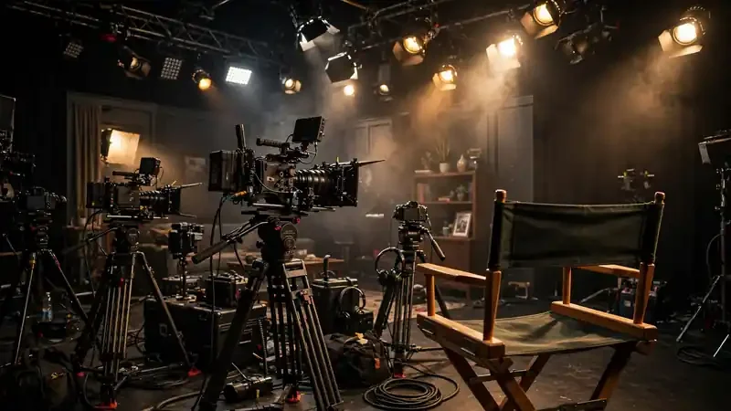 TV production set with cameras and dramatic lighting