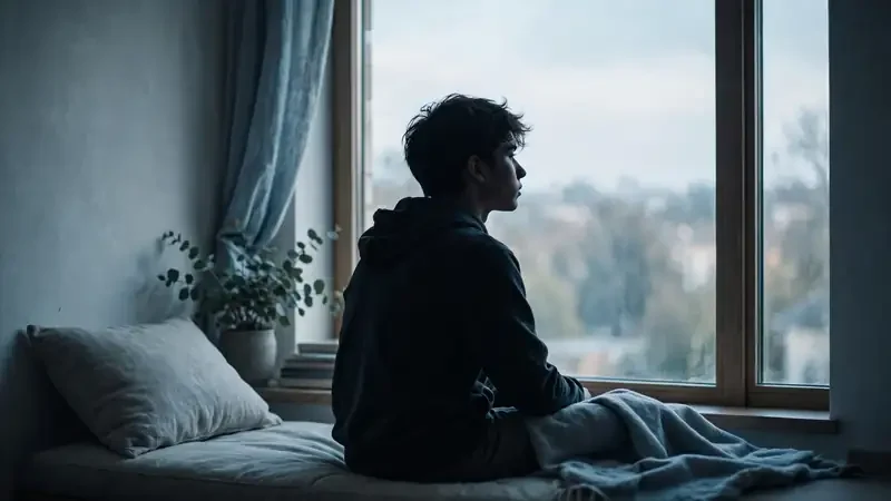 Silhouette of young person looking out of window in soft light
