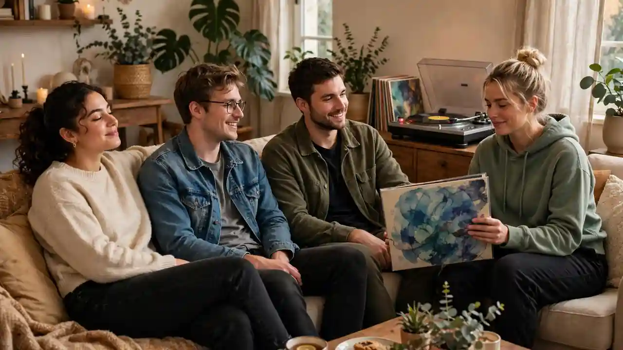 Friends listening to music together, one holding a vinyl album sleeve