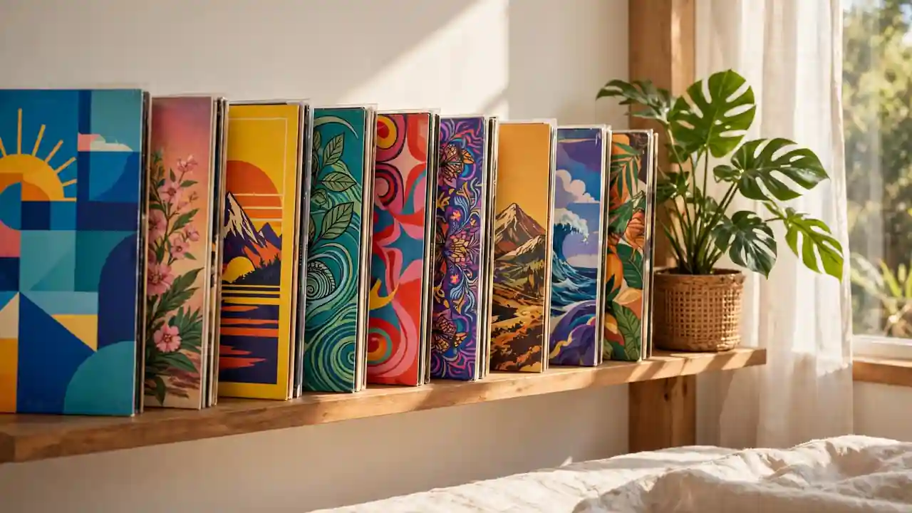 A shelf of vinyl records with colourful covers in a sunny bedroom